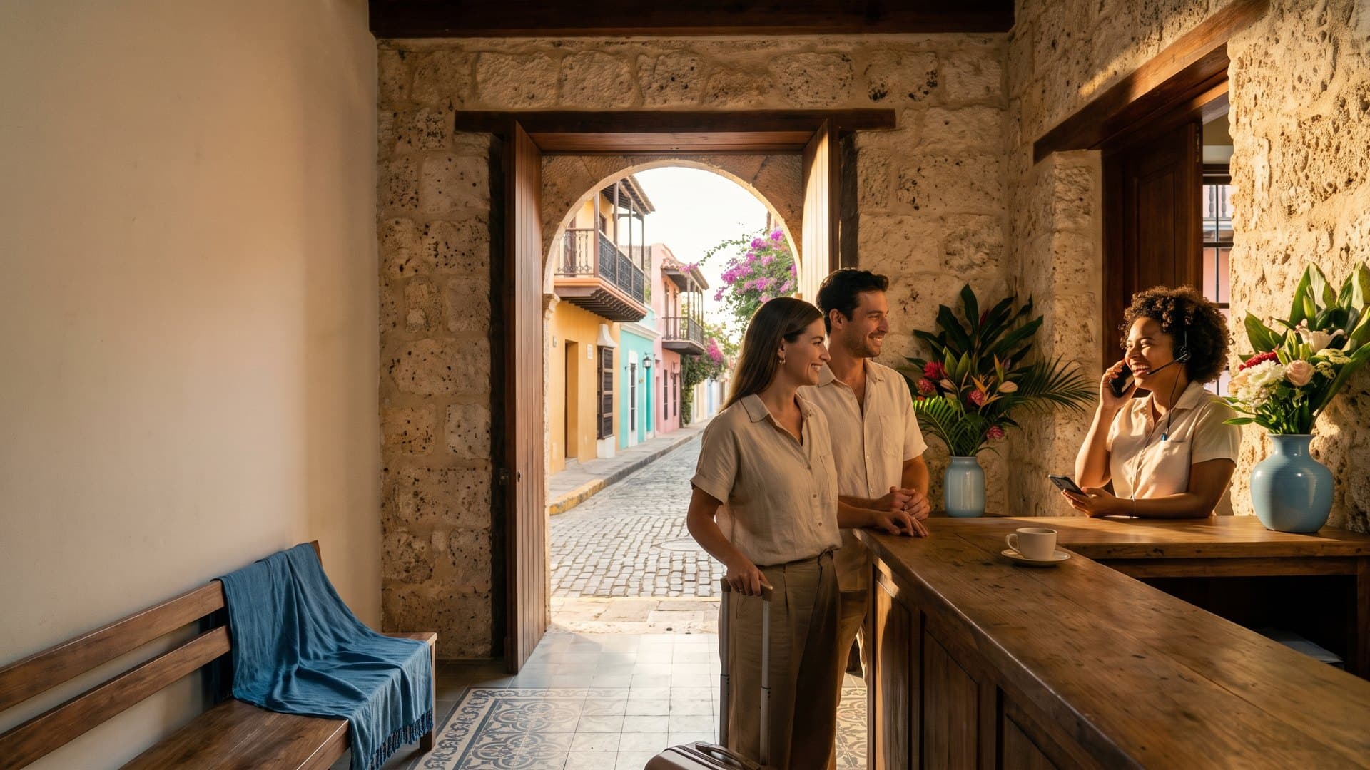 Recepcionista sonriente al teléfono en un pequeño hotel boutique dentro de una casa colonial de piedra coralina en la Zona Colonial de Santo Domingo; una pareja con maleta espera contenta y por el arco de la puerta se ve la calle empedrada de casas coloniales de colores con balcones de hierro