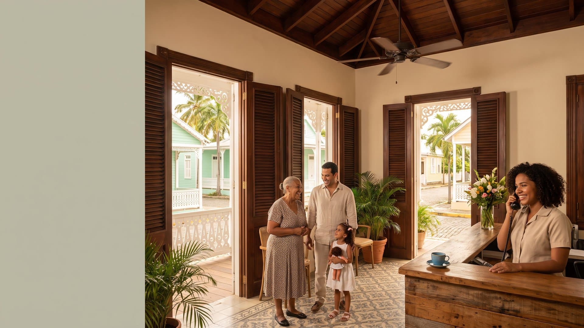Recepcionista sonriente al teléfono en una clínica dental dentro de una casa victoriana de madera en Puerto Plata