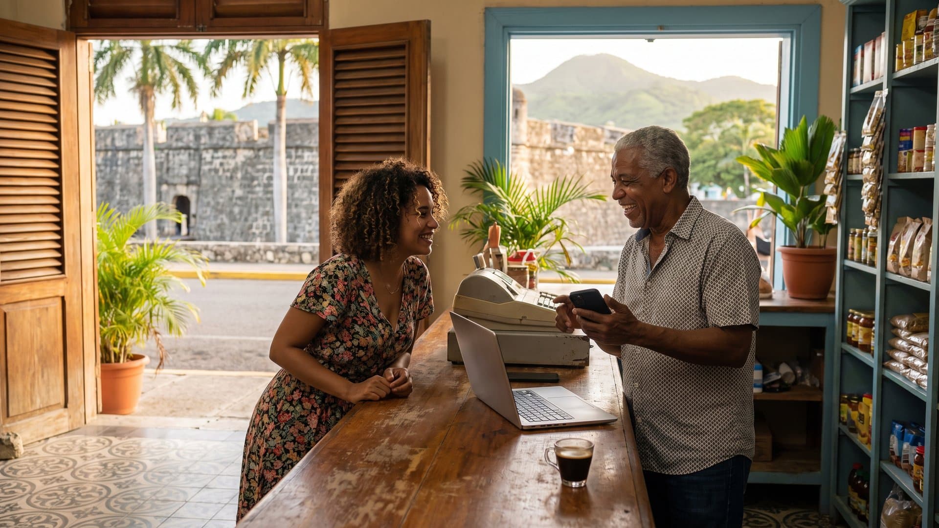 Comerciante detrás del mostrador usa el celular mientras atiende a un cliente