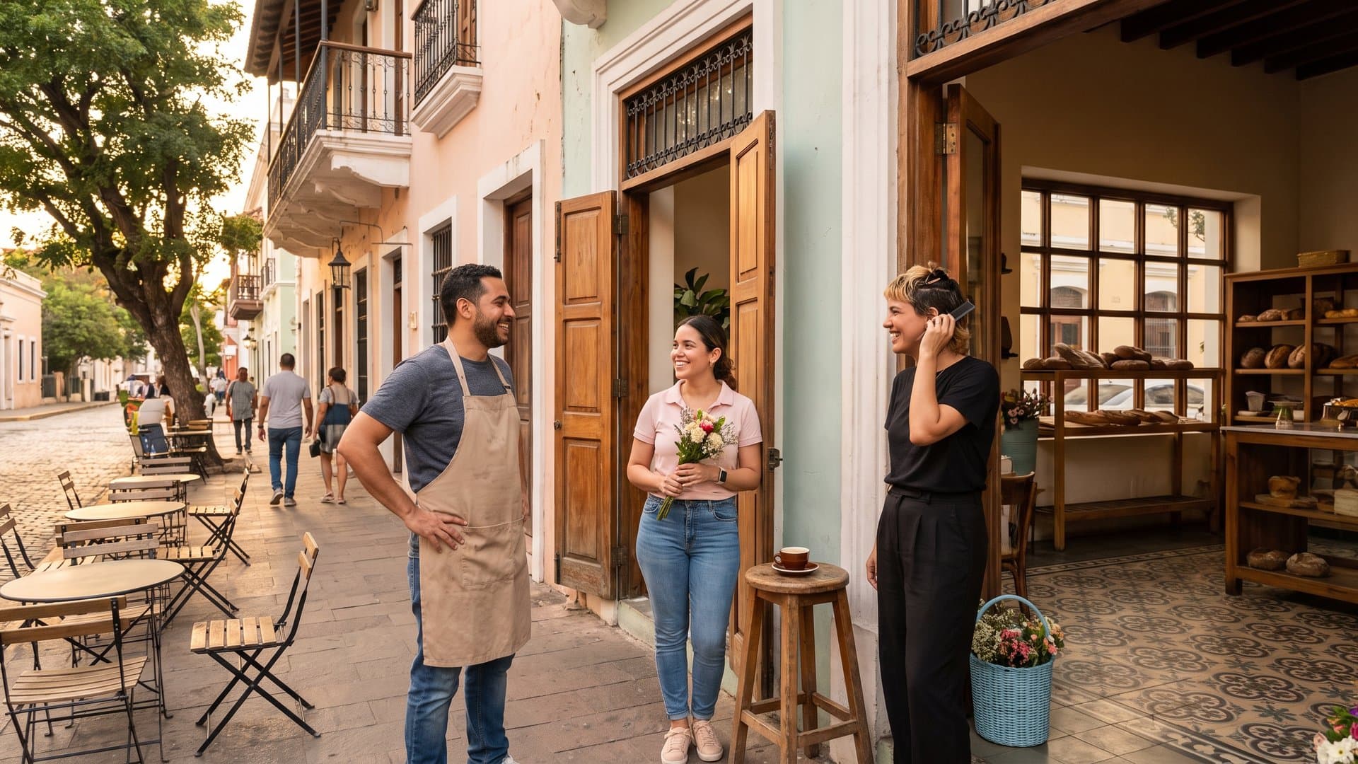 Calle de pequeños comercios a la hora dorada, los dueños conversan en sus puertas