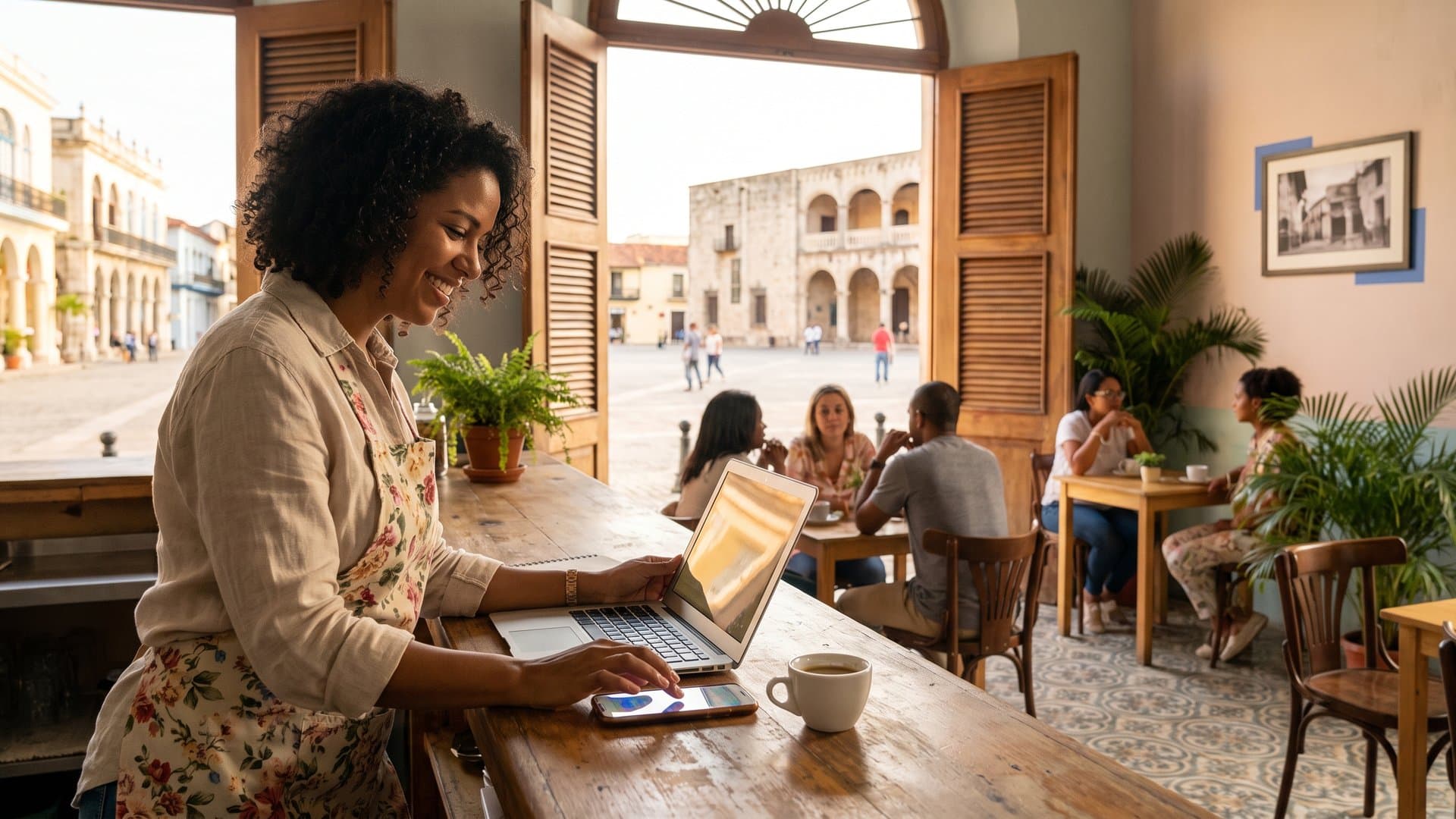 Dueña de una cafetería configura todo en su laptop mientras el celular se ilumina en el mostrador