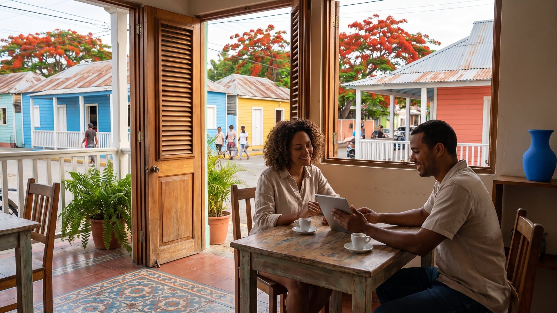 Emprendedora compara dos opciones en una tablet en una cafetería