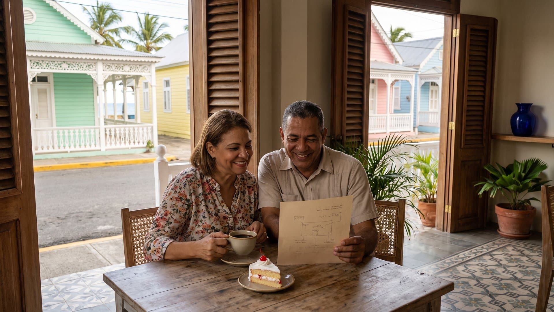 Pareja que tiene una pequeña repostería revisa un plan sencillo con un cafecito
