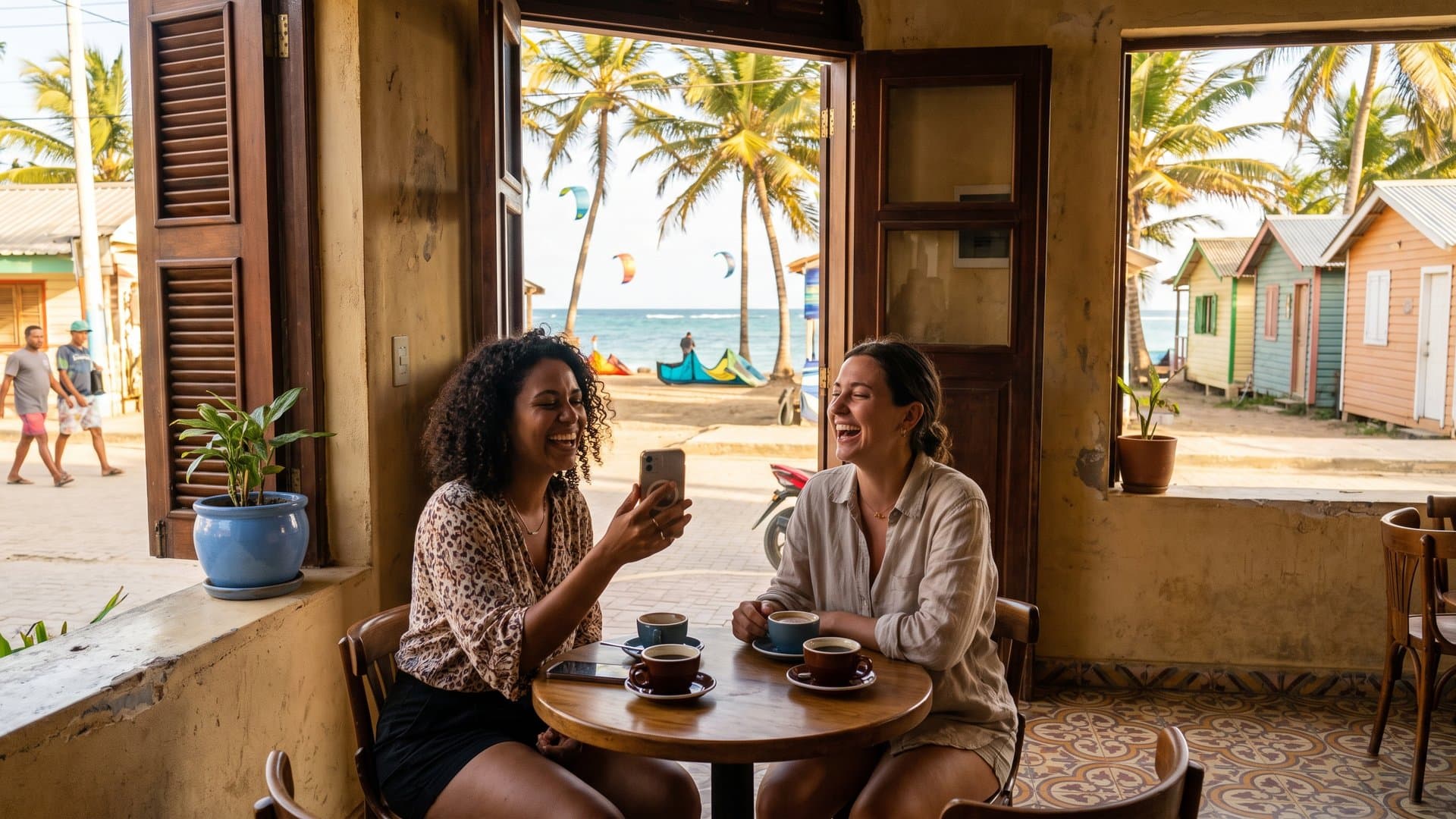 Dos amigas emprendedoras conversan con un café en la terraza de una cafetería