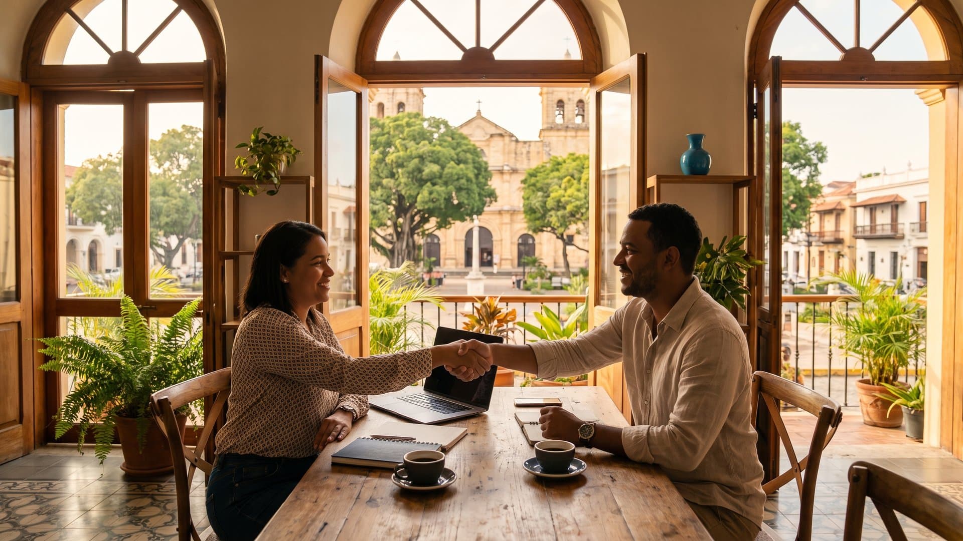 Dos pequeños empresarios se dan la mano en un coworking luminoso
